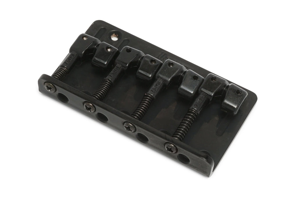 Black metal 4-string bridge with adjustment screws for a bass guitar