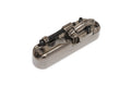 Single metal string bass bridge with adjustment screw and spring on white background.