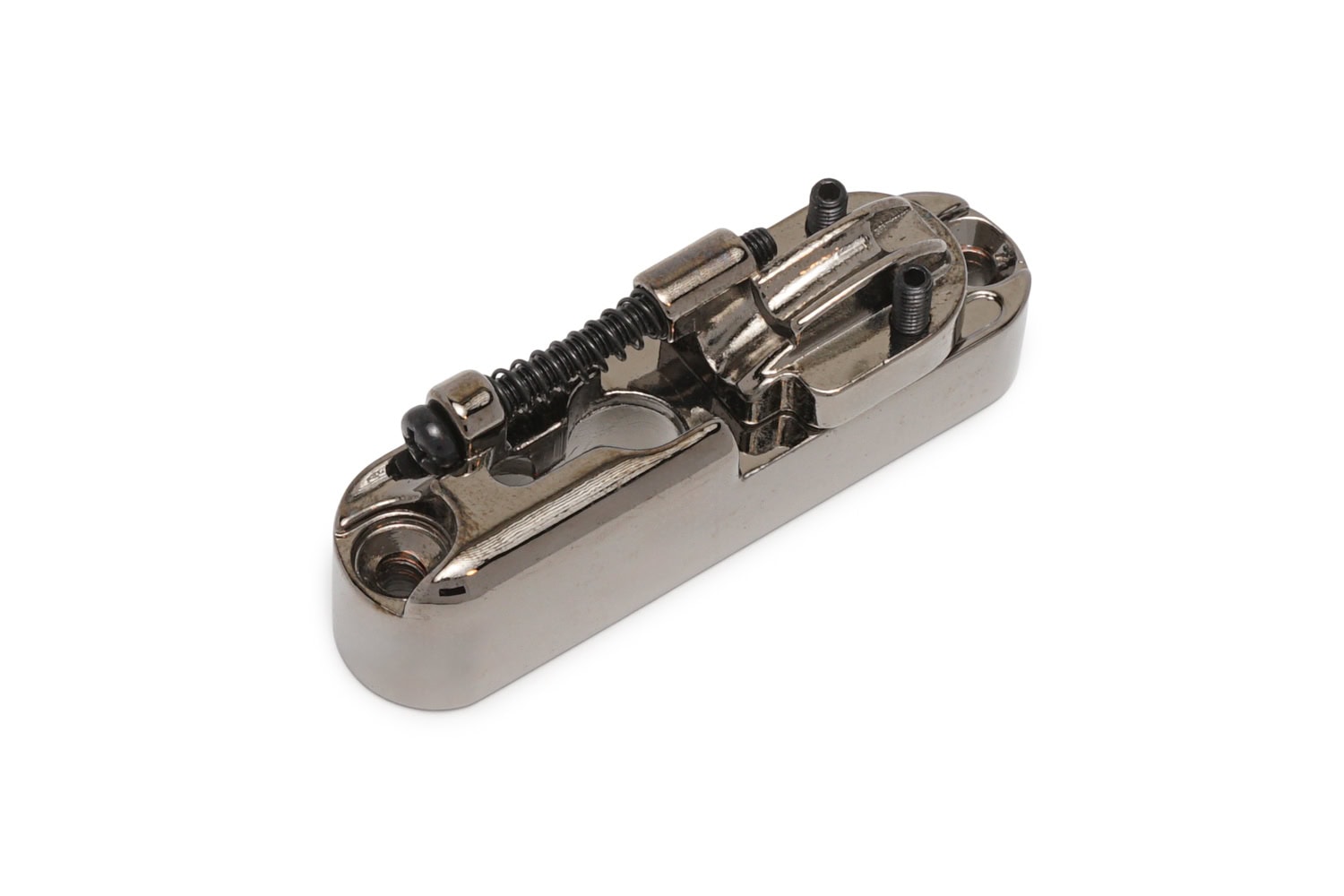 Single metal string bass bridge with adjustment screw and spring on white background.