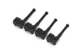 Four black metal bass saddles each with adjustable height screws arranged in a row.