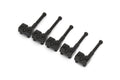Five black metal bass saddles with adjustment screws arranged in a row on a white background.