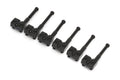Six black metal bridge saddles each with tension springs and adjustment screws arranged in a line.