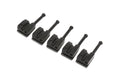 Five black metal saddles each with a screw and spring arranged in a row on white background.