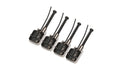 Four metal and black plastic bass saddles with attached screws and springs on a white background.