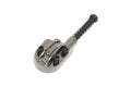 A small black and silver metal bass saddle with two screws and one spring-loaded adjustment screw.