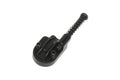 Black metal guitar or bass saddle with adjustment screw and spring on white background.