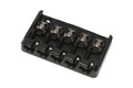 Black metal bridge for a five-string bass guitar with individual string saddles and adjustment screws.