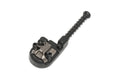 Black and silver metal bass saddle component with adjustment screws and spring on a white background.
