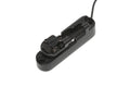 Black single string bridge for bass guitar with attached cable and adjustable components.