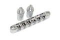Chrome metal guitar bridge with two adjustment posts shown on a white background.