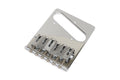 Chrome metal guitar bridge plate with six individual string saddles and adjustment screws.