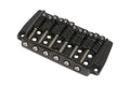 Black metal fixed guitar bridge with six adjustable saddles and screws.