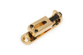 Gold-colored single-string guitar or bass bridge with adjustment screws and base plate.