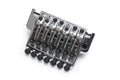 Chrome metal guitar bridge for seven strings with individual saddles and adjustment screws.