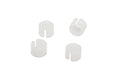 Four small white plastic split bushings arranged on a white background.