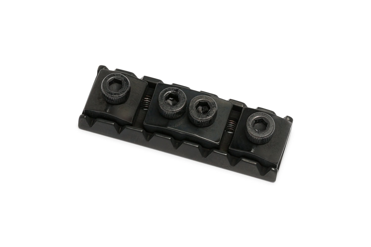 Black metal guitar locking nut with four hex screws and retainer springs on a white background.