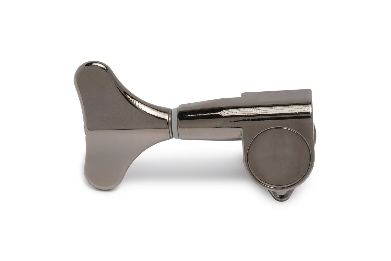 Black metal closed bass guitar machine head tuner for right handed use shown from the side.