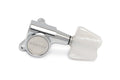 Chrome guitar tuning machine head with a white plastic tuning peg labeled Gotoh Made in Japan.