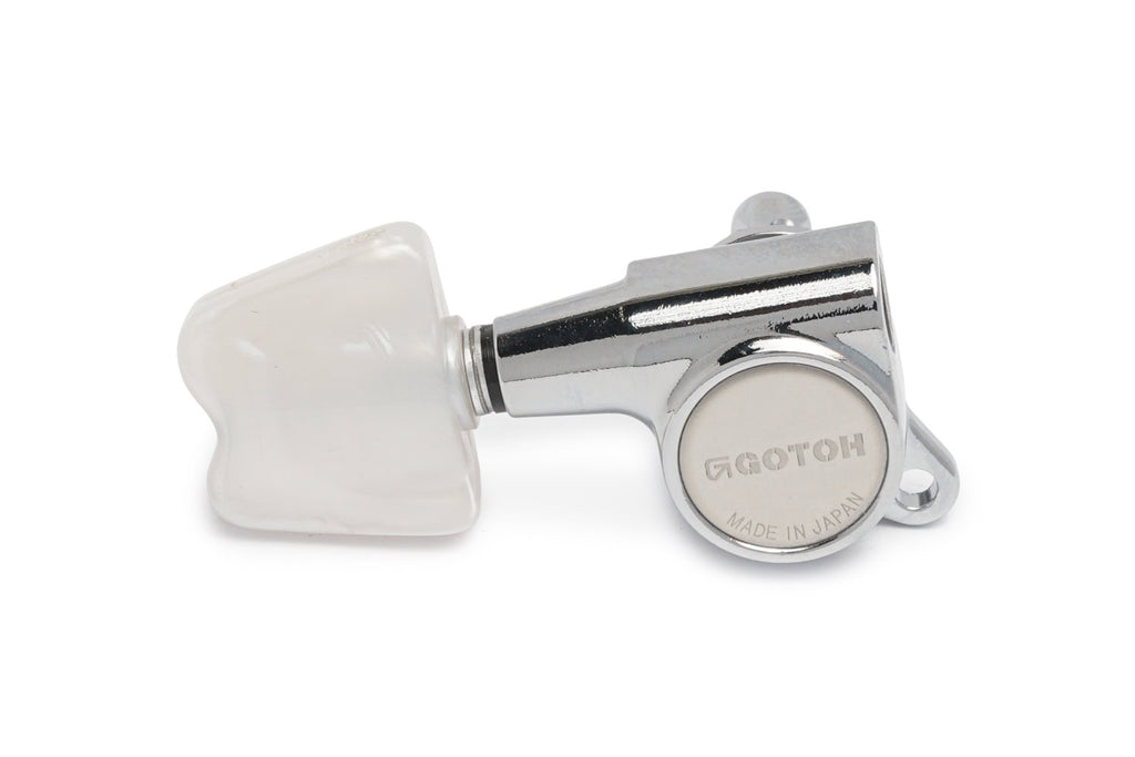 Chrome guitar tuning peg with a white plastic knob and two mounting holes, labeled Gotoh made in Japan.