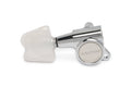 Chrome guitar tuning peg with a white plastic knob and two mounting holes, labeled Gotoh made in Japan.