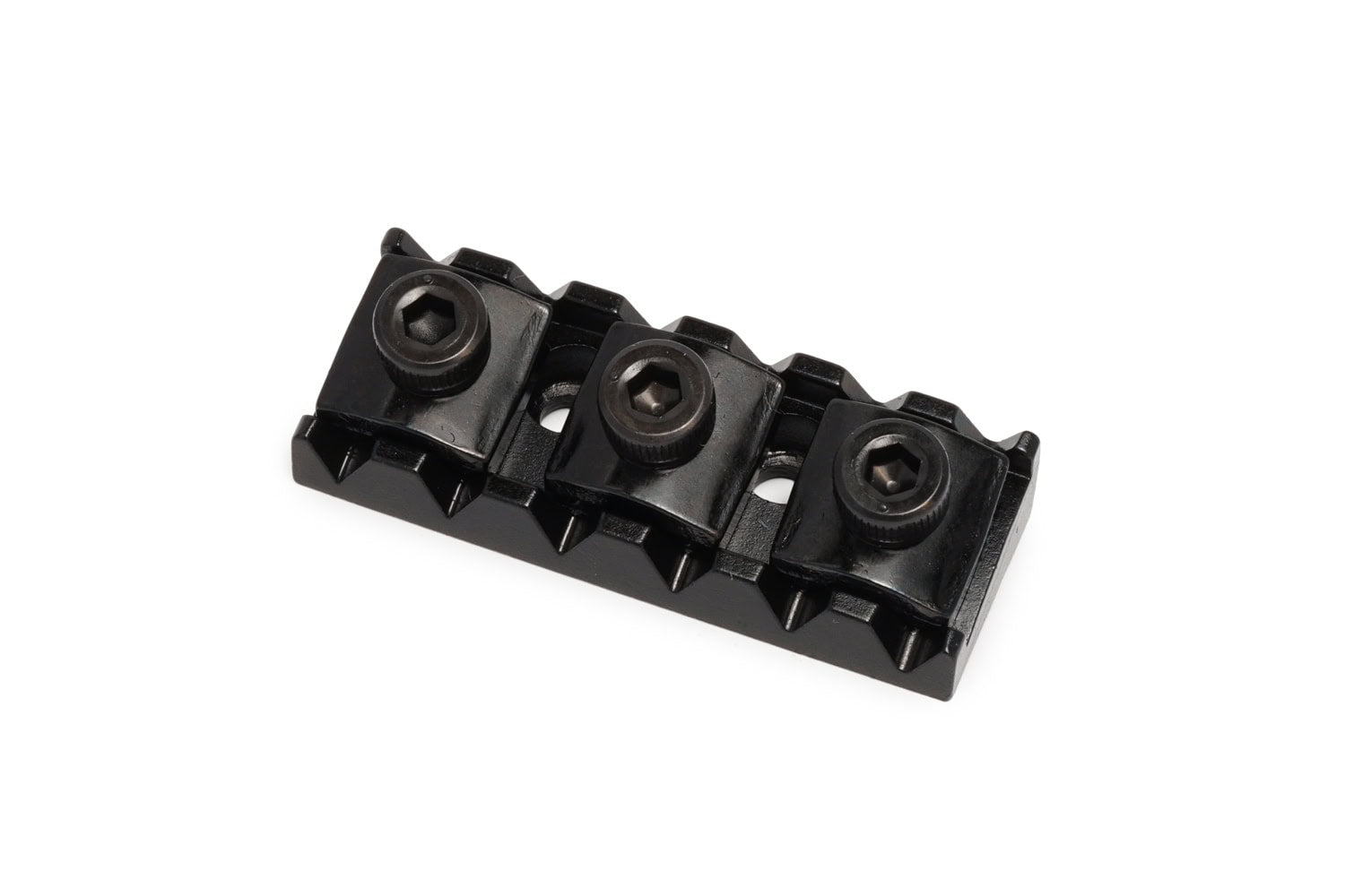 Black metal locking nut with three hex screws and retainer for guitar or similar instrument.