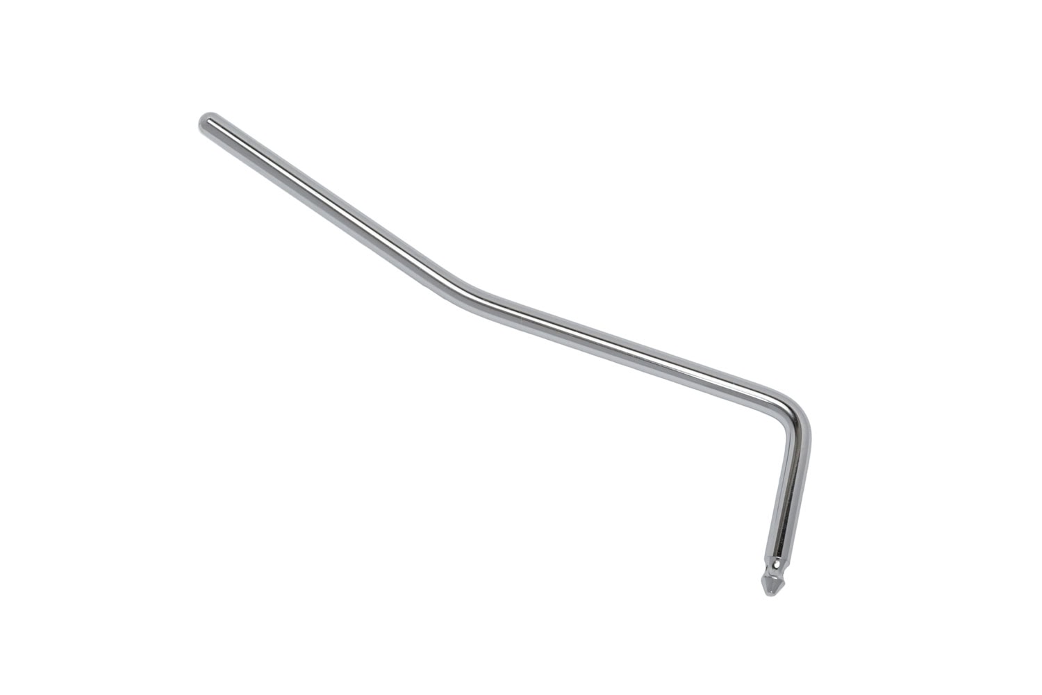 Silver metal tremolo arm with a bent shape isolated on a white background.