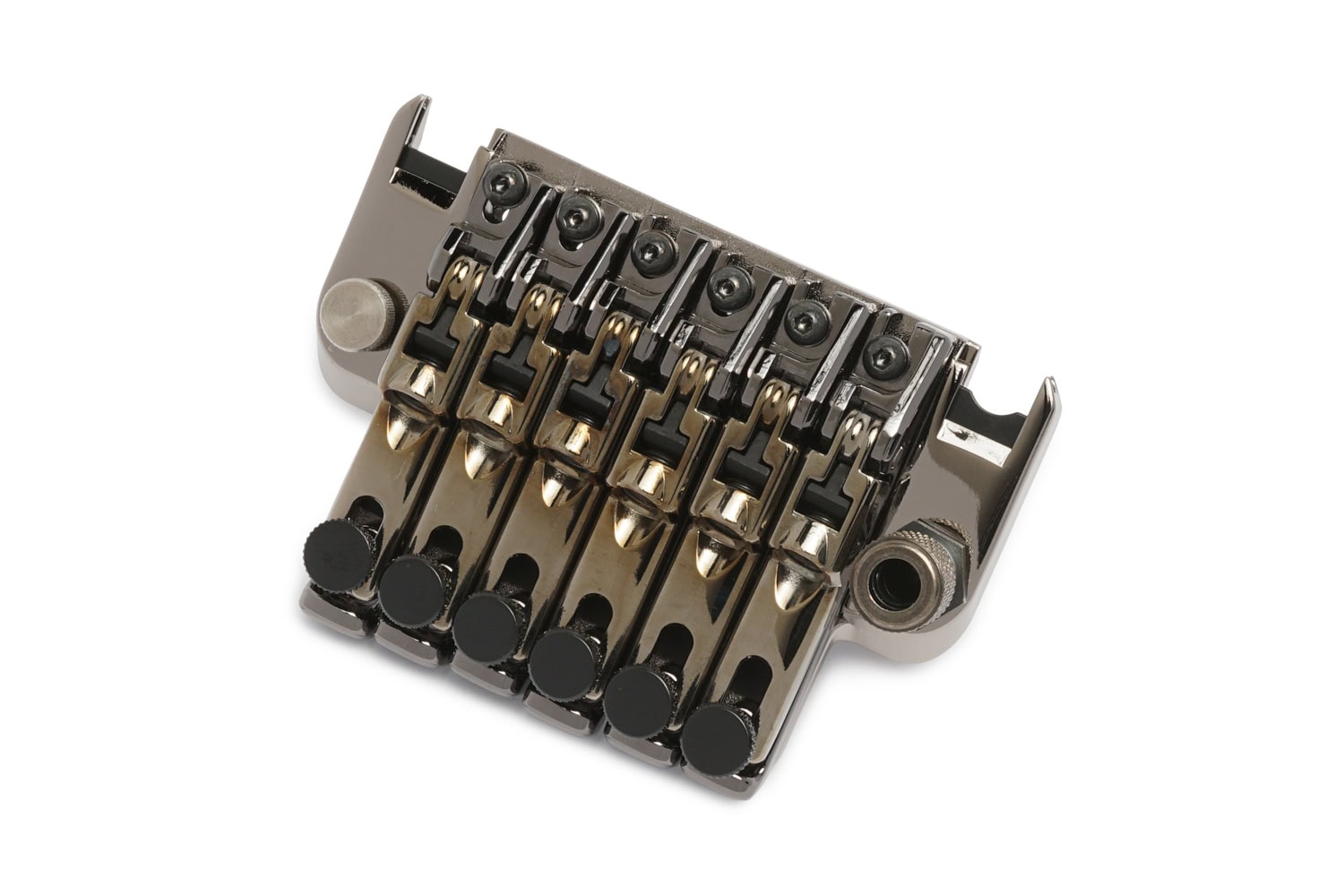 Close-up image of a cosmo black metal 6-string tremolo bridge for guitar with adjustment screws and string anchors.