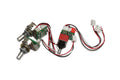 Wired electronic assembly with two rotary knobs, a toggle switch, and multiple connectors on wires.