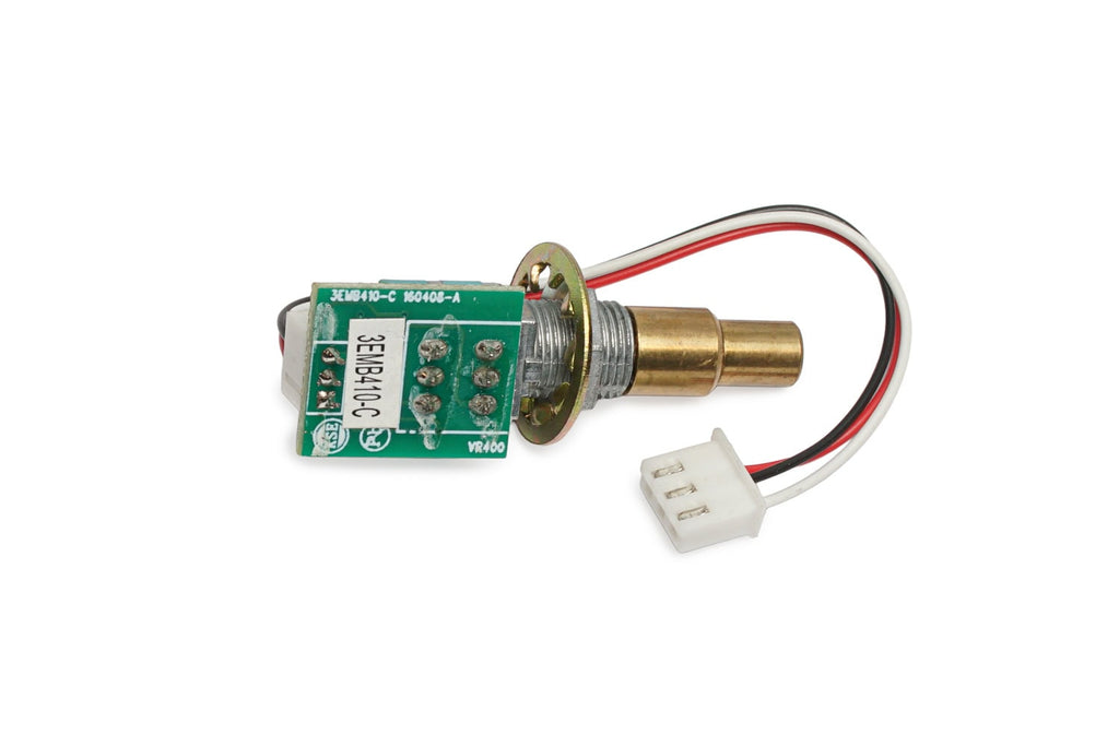 Green circuit board with metal rotary control shaft and three-wire connector attached