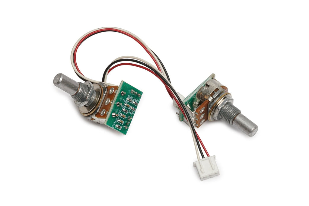 Two rotary potentiometers each attached to a small circuit board with wires and 3-pin connector.