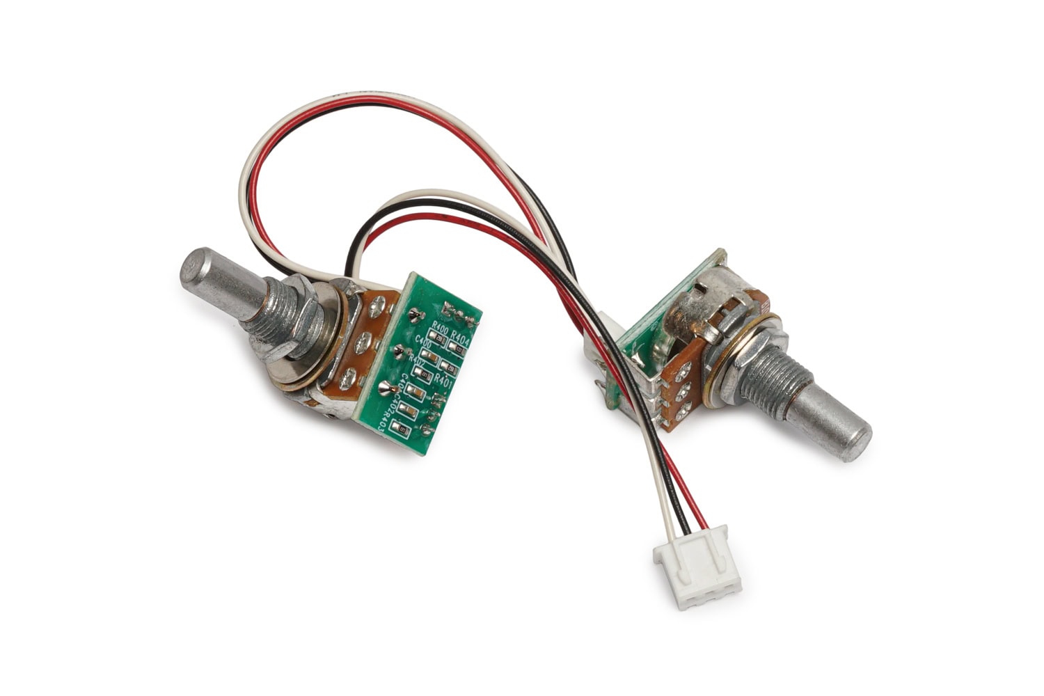 Two rotary potentiometers each attached to a small circuit board with wires and 3-pin connector.