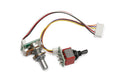 Electronic control assembly with a rotary potentiometer, toggle switch, and multi-colored wires with connectors.