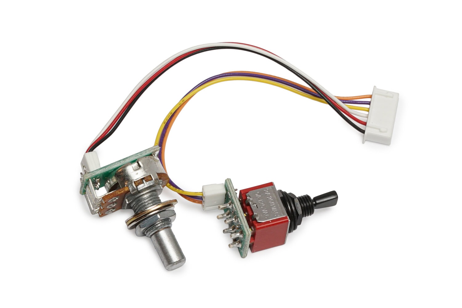 Electronic control assembly with a rotary potentiometer, toggle switch, and multi-colored wires with connectors.