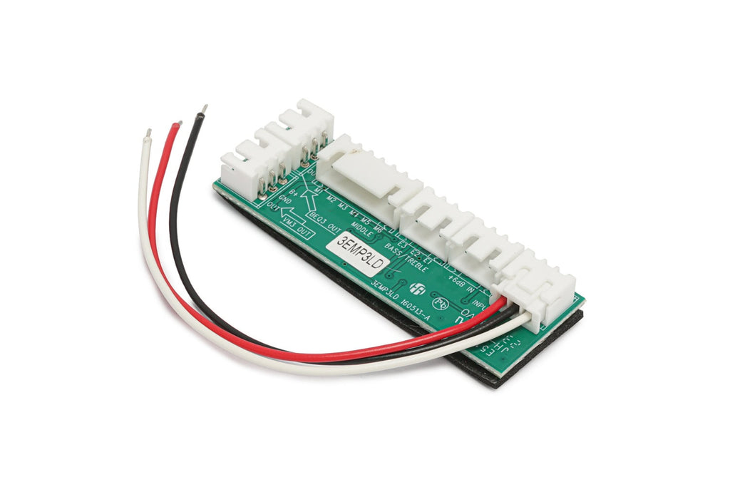 Green PCB module with multiple white plastic connectors and three attached wires in black, red, and white.