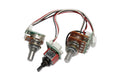 Two rotary potentiometers and one toggle switch wired and mounted on circuit boards with connectors.