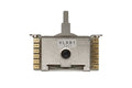 A silver metal 5-way lever switch labeled VLX91 with gold contact pins on both sides.