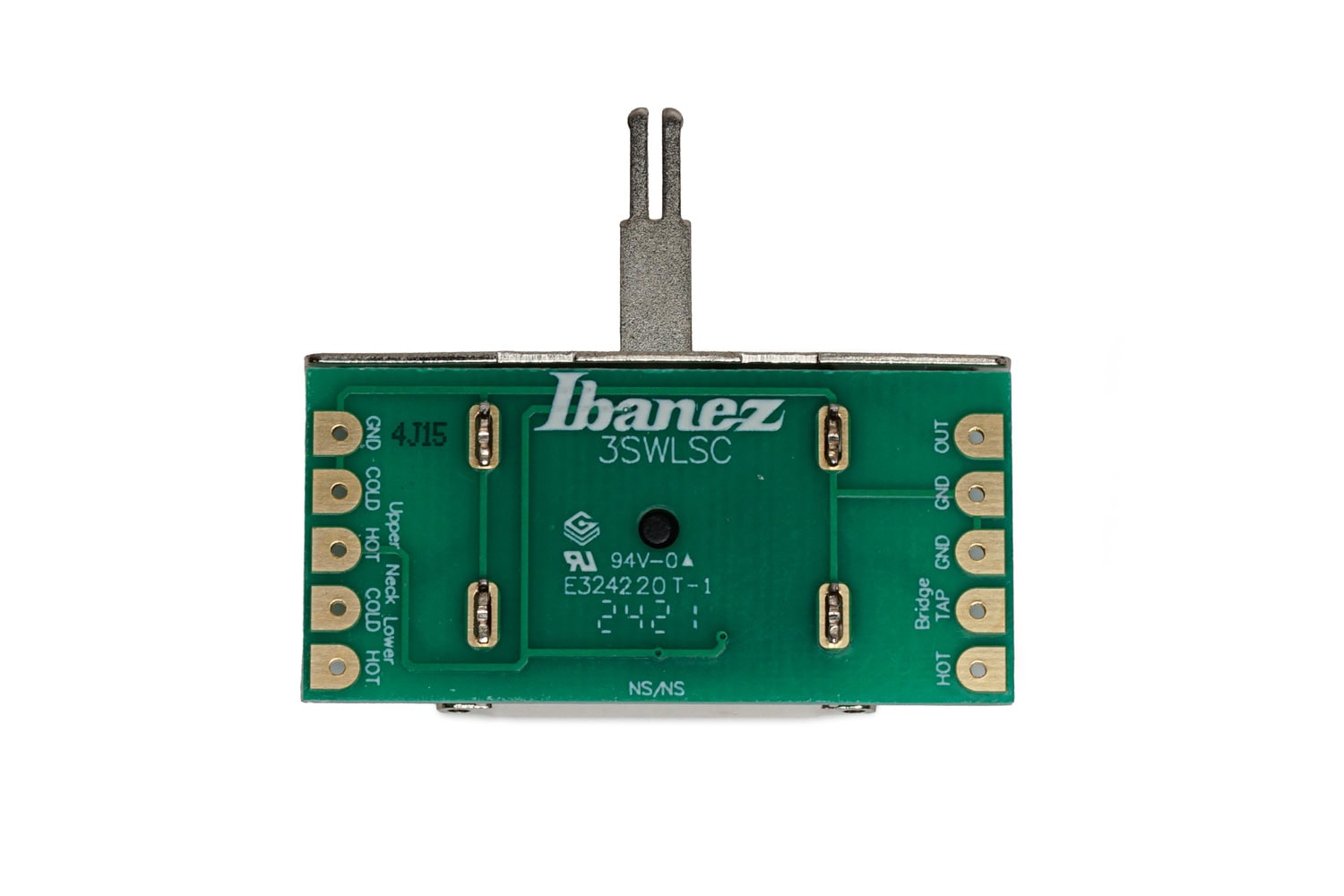Green printed circuit board with lever switch and labeled solder terminals for wiring connections.