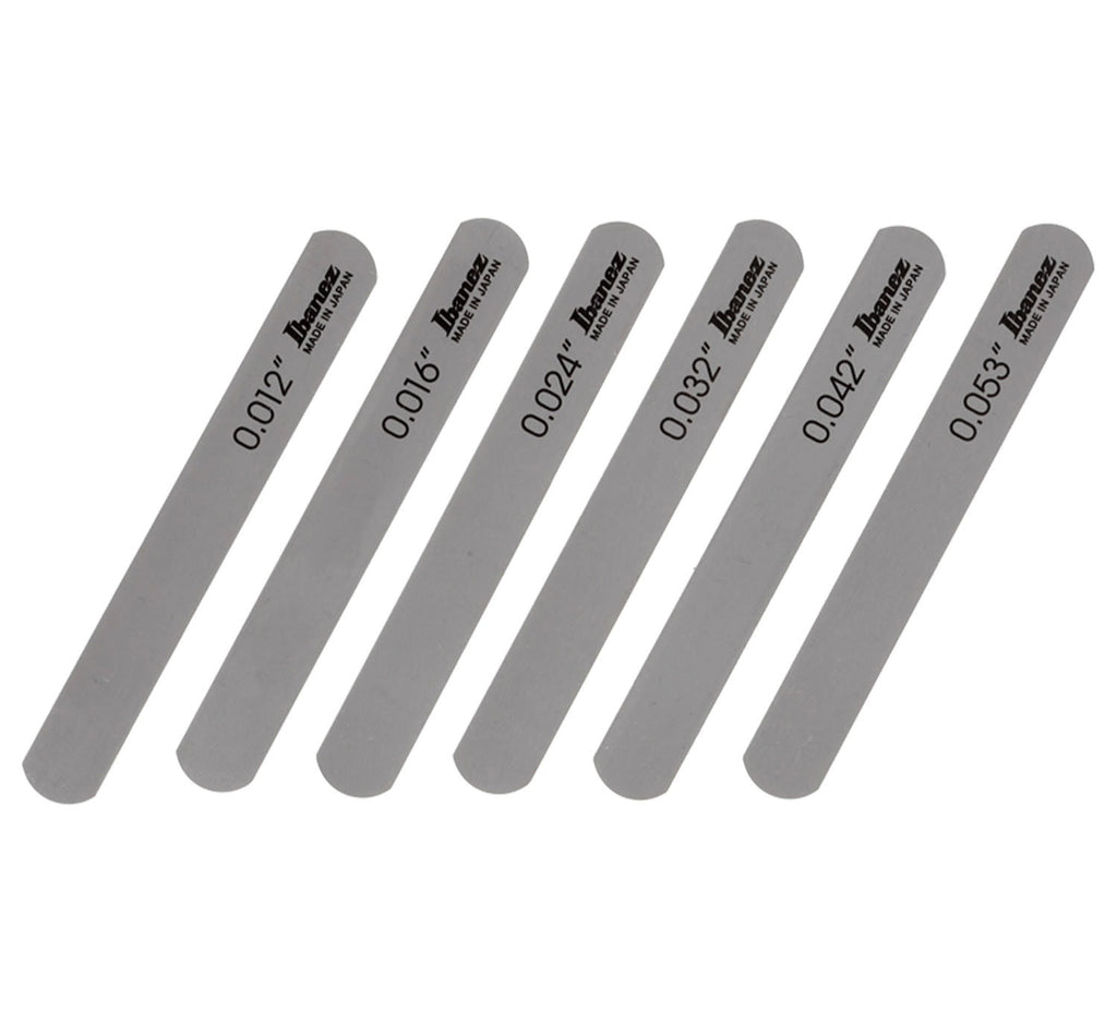 Six metal files of varying thicknesses labeled with measurements and Ibanez branding arranged side by side.