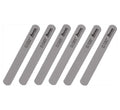 Six gray metal files labeled with thickness measurements and Ibanez branding laid out side by side.