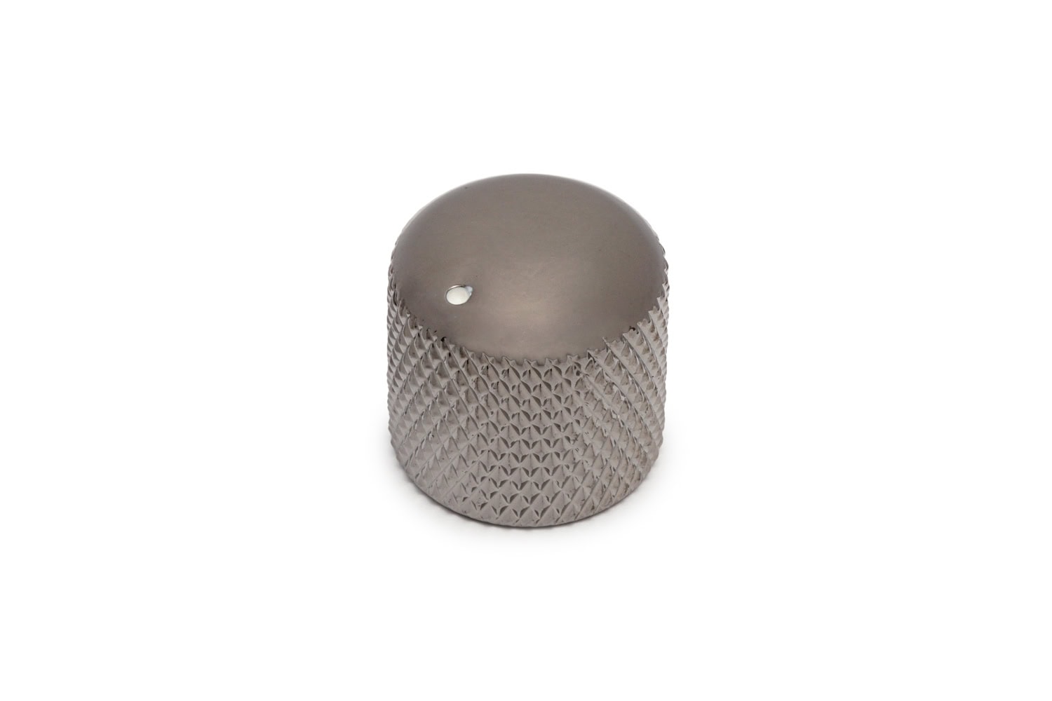 Small metal knurled knob with a smooth top and a single indicator dot on a white background.