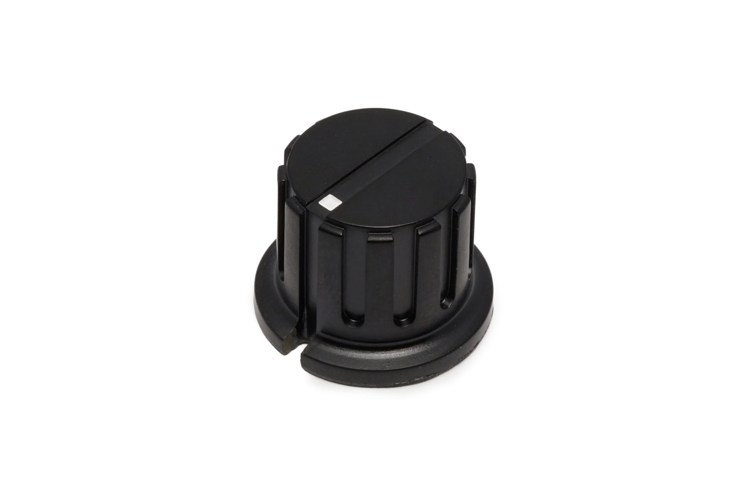 Black plastic rotary control knob with a white marker dot shown on a white background.