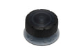 Black and gray plastic control knob with ridged grip ring and markings around base.