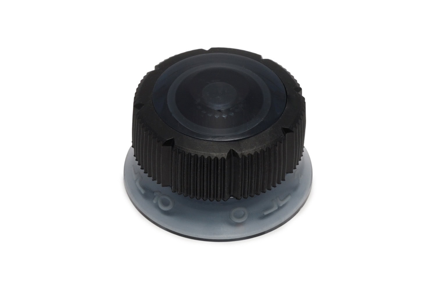 Black and gray plastic control knob with ridged grip ring and markings around base.