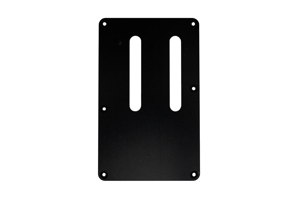 Black rectangular guitar backplate with two long slots and six screw holes.