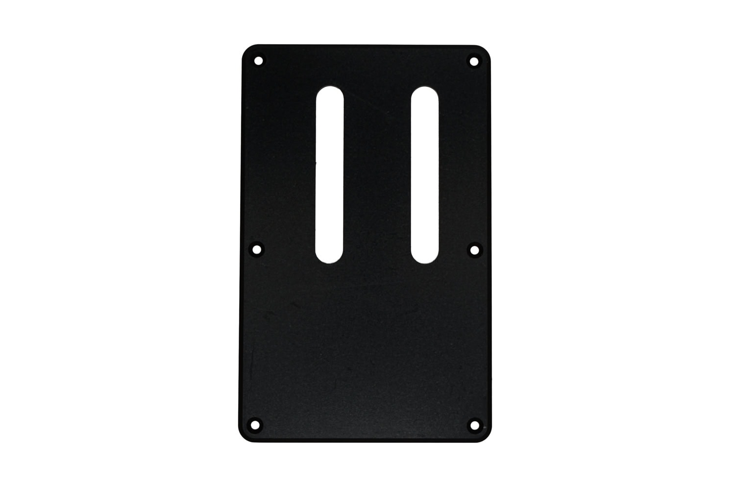 Black rectangular guitar tremolo backplate with six mounting holes and two oval cutouts.