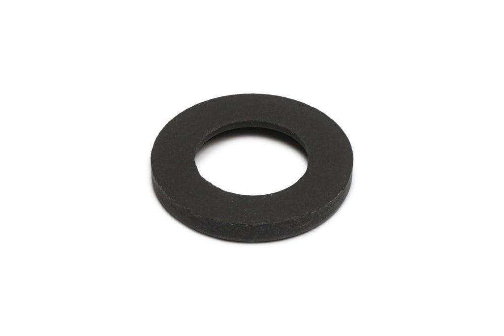 Black round rubber washer with a center hole on a white background.