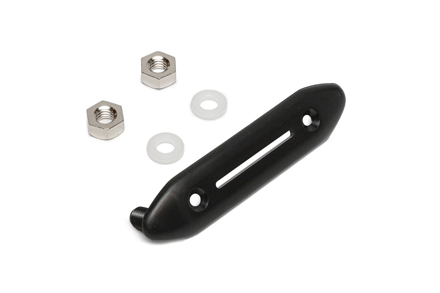 Black plastic switch plate bezel with two metal nuts and two white washers on white background.