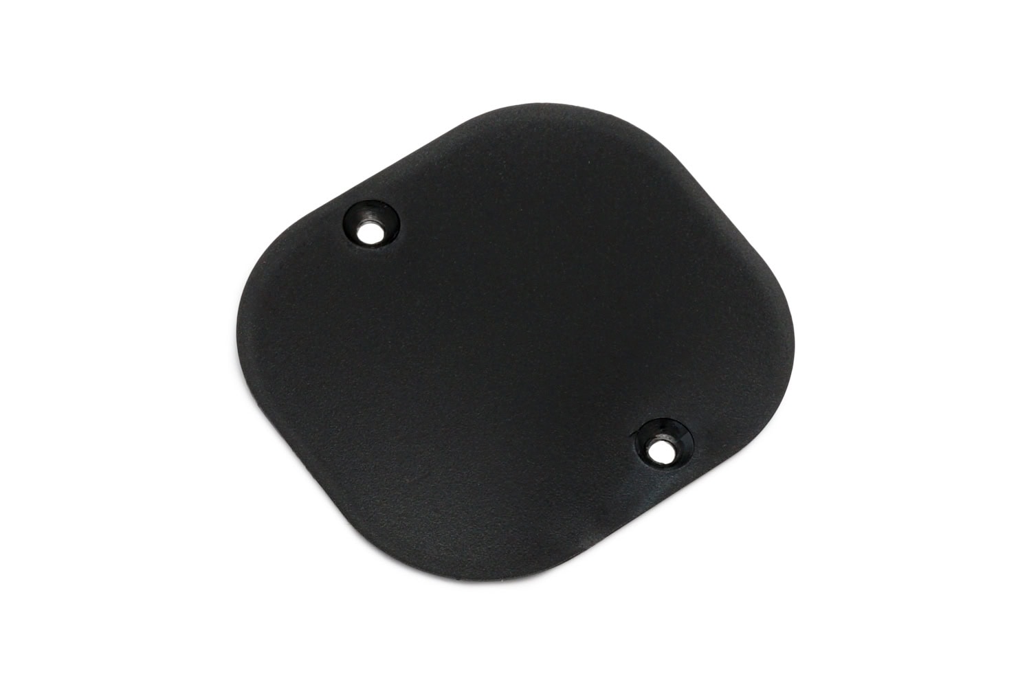 Black plastic jack cavity plate with two screw holes on a white background.