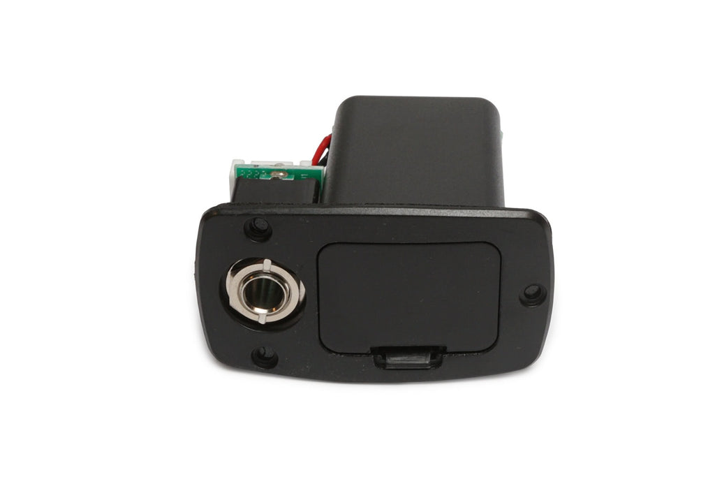 Black battery box module with 1/4 inch jack and battery compartment cover mounted on a single plate