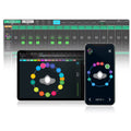 Tablet and smartphone touchscreen interfaces showing a circular layout of labeled audio mixer controls with on/off buttons and menus.